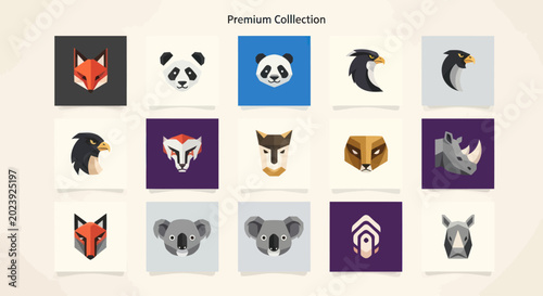 Photography Geometric Animal Icons Set: Fox, Panda, Eagle, Penguin, Wolf, Lion, Rhino, Koala