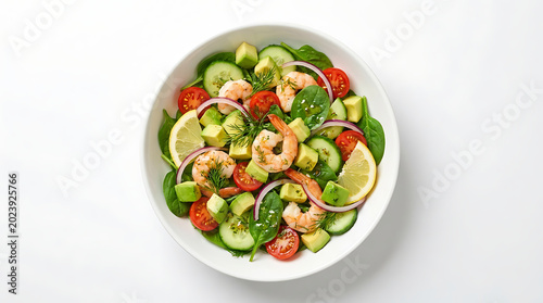 Fresh shrimp and avocado salad with spinach cucumber tomato and red onion in a white bowl on a clean minimalist background for healthy eating and nutritious lifestyle concepts