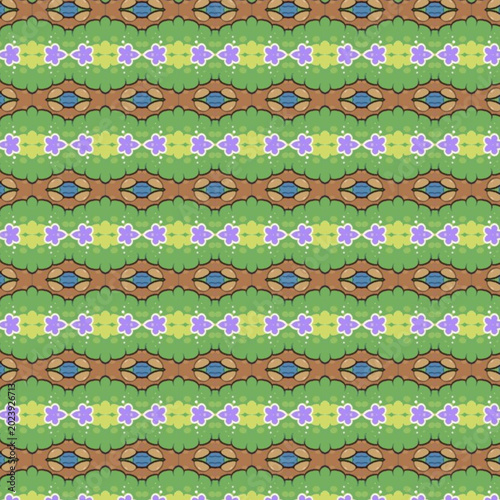Seamless floral pattern with green ornamental texture, decorative symmetry, vintage wallpaper style and colorful abstract background art.