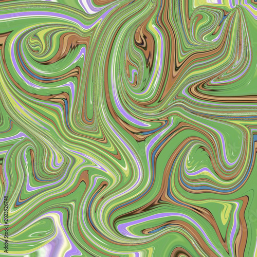 Multicolor psychedelic swirl with green and purple fluid texture, abstract motion, artistic waves, vibrant pattern and digital marble background.