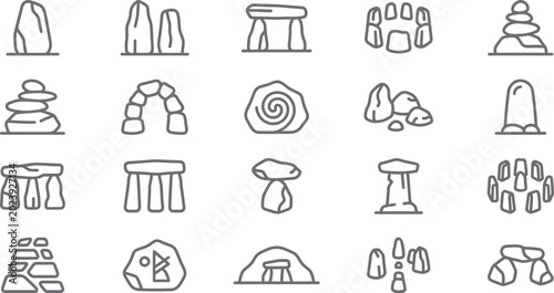 Foto Stone monuments icons set representing ancient historical sites and prehistoric