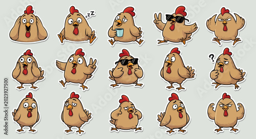 Funny Chicken Sticker Pack: Expressive Farm Bird Illustrations with Various Emotions