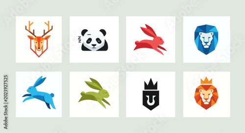 Geometric Animal Logos: Deer, Panda, Rabbits, Lions, Shield Crests