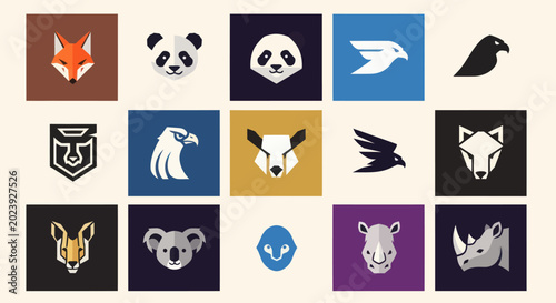 Modern Animal Icons Set: Fox, Panda, Eagle, Wolf, Rhino, Koala, and more