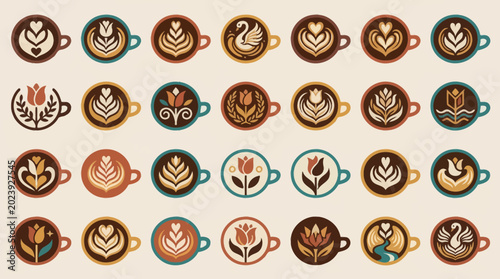 Vector Icons Set of coffee cups with various latte art patterns. EPS Editable
