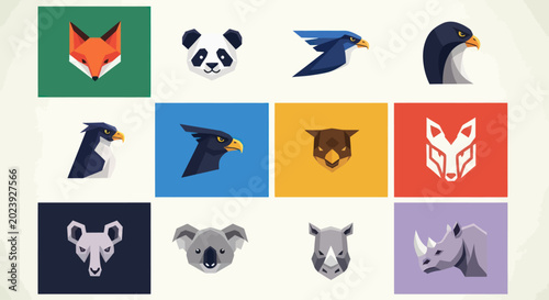 Canvas Print Set of stylized animal icons, pixel art, flat design