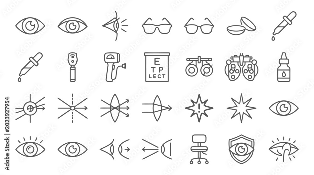 Fototapeta premium Vector Icons Set of hand drawn ophthalmology and optometry icons. EPS Editable