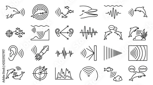 Vector Icons Set of hand drawn echolocation and sonar icon symbols. EPS Editable