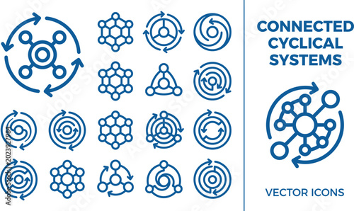 Obraz na płótnie Connected cyclical systems vector icons collection abstract science technology network connections and cycles