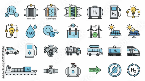 Vector Icons Set of hydrogen fuel and green energy icons. EPS Editable