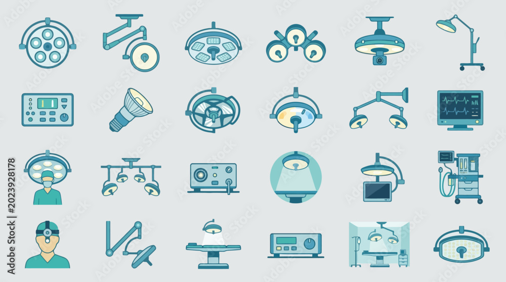 Fototapeta premium Vector Icons Set of medical surgical equipment and operating room lighting icons. EPS Editable
