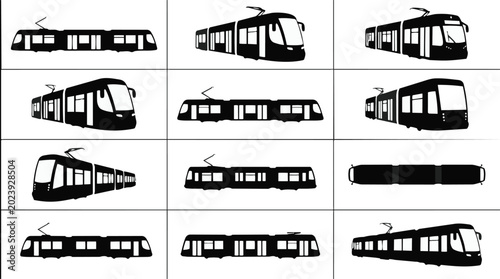 Collection of modern tram silhouettes from various perspectives and angles on white background.