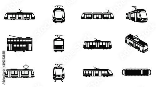 Collection of various tram and streetcar vector icons from different perspectives including side front and top views.