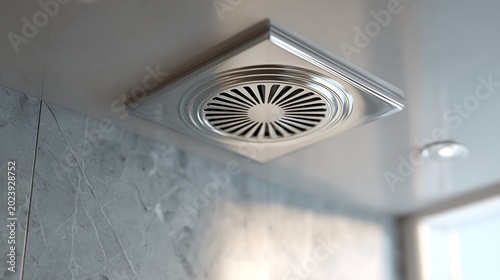 Exhaust fan in modern bathroom setting with soft natural light, clean household ventilation concept featuring fresh airflow and minimalist interior design.
