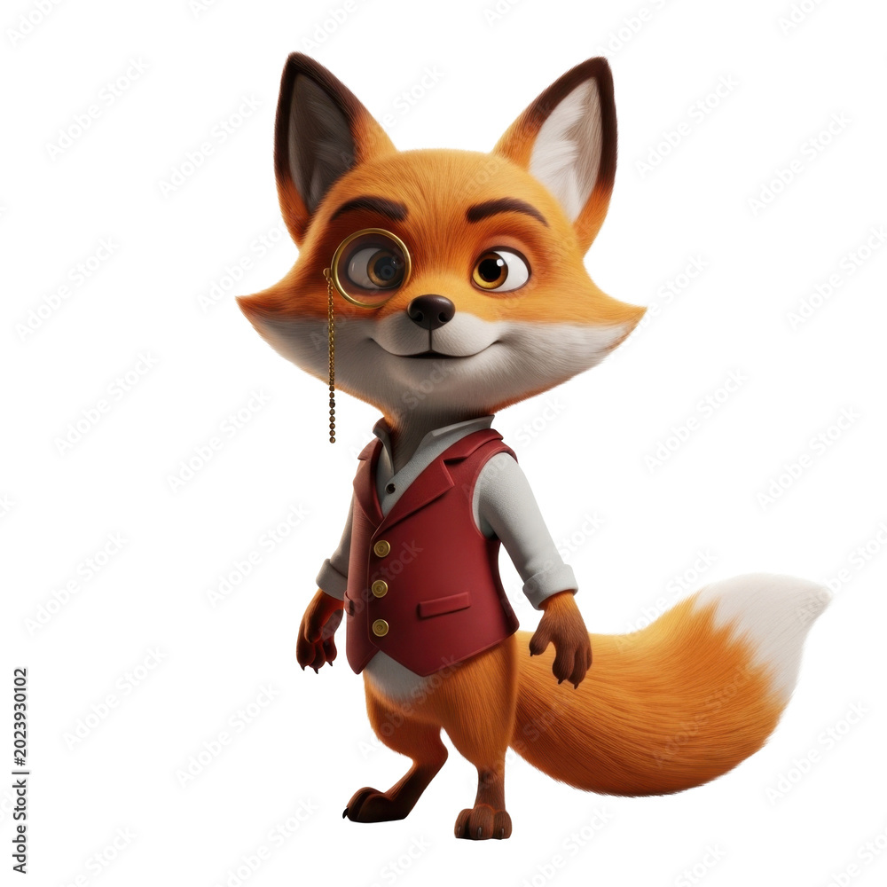 Fototapeta premium Cute fox in red vest holding monocle