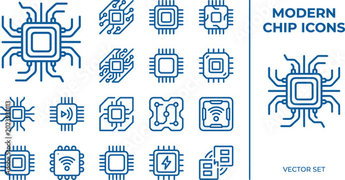 Bild auf Leinwand Modern chip icons representing computer processors, microchips, and AI technology with circuits and connections