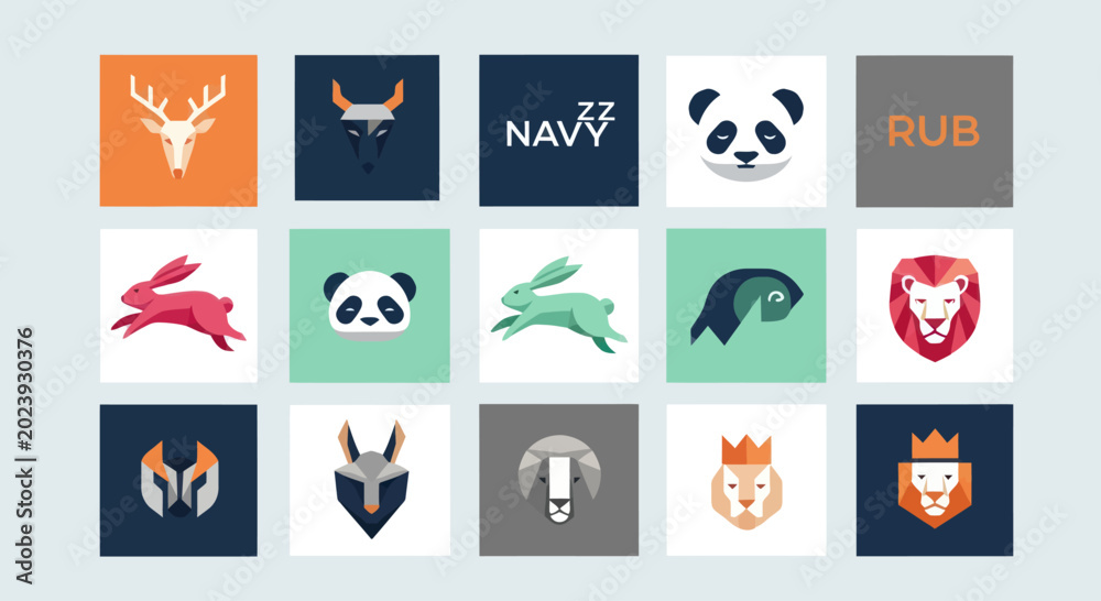 Fototapeta premium Modern Animal Icons Set: Deer, Panda, Lion, Rabbit, Ram, Wolf, Bull
