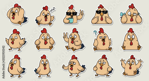 Quadro su tela Funny Chicken Stickers Set: Cartoon Hen Expressions and Poses