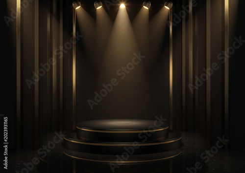 dark podium, golden spotlight, luxury stage, premium display, black background, product showcase, elegant podium, luxury wallpaper, stage lighting, cinematic stage, modern podium, branding display, pr