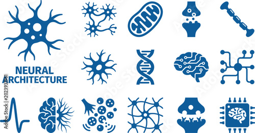Foto Neural architecture icons set scientific symbols and elements brain cell and dna strands