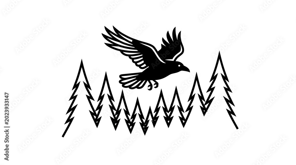 Fototapeta premium Flying Raven Bird Silhouette over Pine Forest, Vector Illustration of Wild Crow in Nature