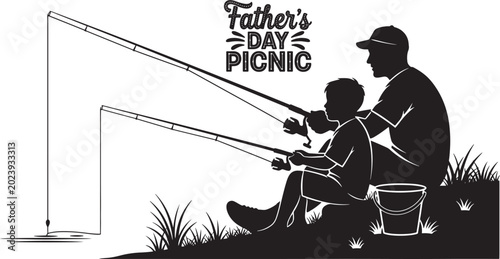 Billede på lærred Father and son fishing on Father's Day picnic enjoying quality time together out