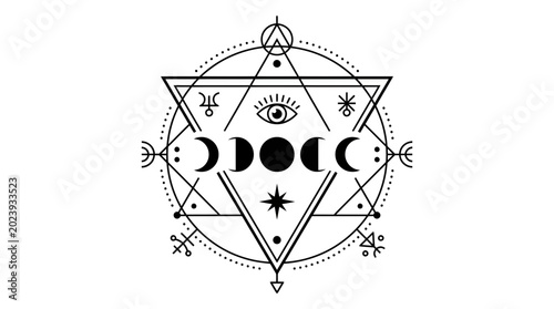 Mystical Sacred Geometry Symbol with All-Seeing Eye and Moon Phases, Esoteric Vector Illustration for Occult and Spiritual Design