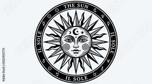 Vintage Tarot Card Illustration of The Sun with Anthropomorphic Face, Moon, Stars and Astrological Symbols in Ornate Circle