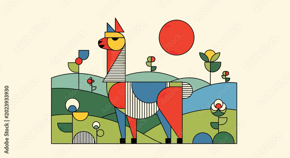 Fototapeta premium Abstract Geometric Llama Illustration in a Stylized Nature Landscape with Flowers and Red Sun