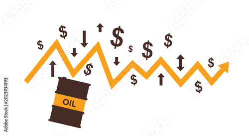 Tableau sur toile Oil Price Fluctuation: Barrel and Up Down Arrows with Dollar Signs