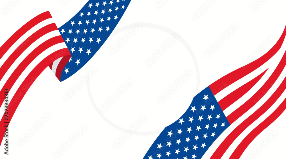 Fototapeta premium Abstract patriotic background with flowing American flags circling a white vignette, showcasing stars and stripes in red, white, and blue.