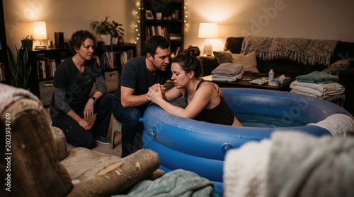 Couple undergoing a home birth with a midwife in a birthing pool.