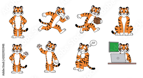 Set of cute tiger character stickers in various poses.