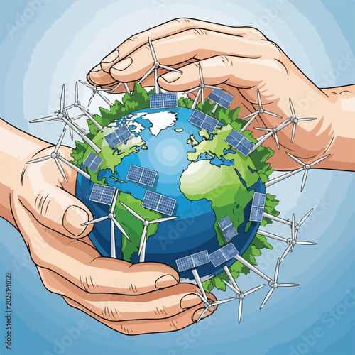 Hands Protecting Earth with Wind Turbines and Solar Panels
