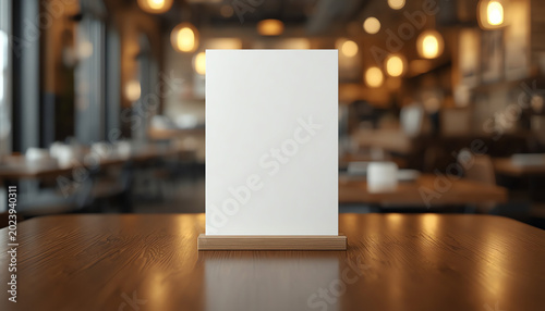 Mock up Menu frame standing on wood table in Bar restaurant cafe. space for text