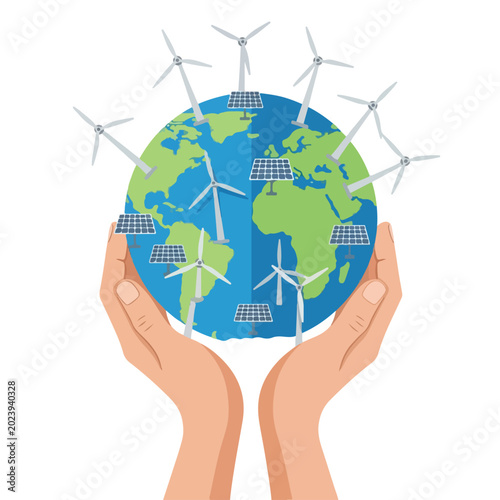 Hands Cradling Earth with Wind Turbines and Solar Panels