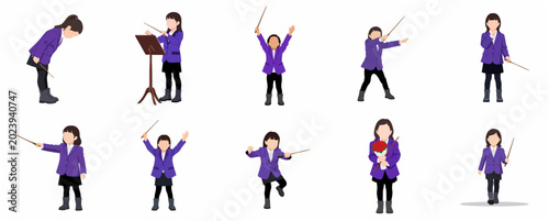 Картината върху платно Set of Little Girl Orchestra Conductor Characters in Purple Uniform Holding Bato