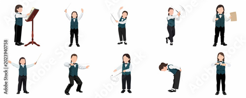 Фотография Little Boy Orchestra Conductor Set in Various Poses Isolated on White Background