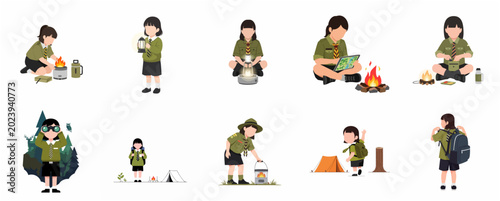 Εκτύπωση καμβά Set of Little Girl Scout Characters Engaged in Various Outdoor Camping and Adven