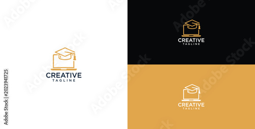 Modern line art logo design concept merging a graduation cap with a laptop, symbolizing innovative digital learning, virtual academic platforms, and the future of educational technology