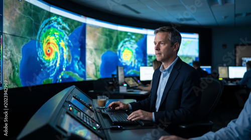 Male meteorologist seated at console facing curved video wall showing swirling hurricane radar imagery in dim modern operations center