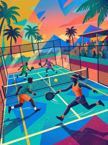 Retro-inspired padel scene with vibrant vintage colors and athletic silhouettes, textured vector illustration, dynamic sporty composition, 80s-inspired aesthetic