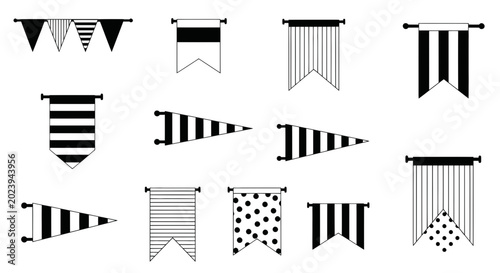 Set of Decorative Pennants and Bunting Flags - Black and White Patterns