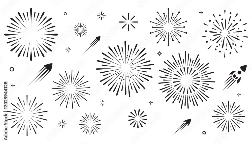 Obraz premium Fireworks outline burst and rocket collection with line starburst, sparkle and shooting star elements for celebration New Year and event banner design