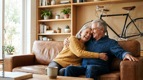 Smiling senior couple on caramel leather couch with wife in yellow jumper hugging husband in denim shirt in sunlit living room