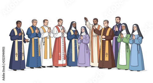 Canvastavla Diverse Clergy and Nuns Praying Together in a Line