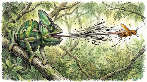 Chameleon's lightning-fast tongue catches an unsuspecting grasshopper in a vibrant jungle scene