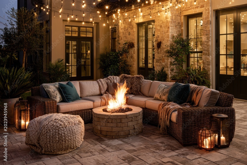 Fototapeta premium Cozy outdoor patio featuring a roaring fire pit and sectional sofa under glowing string lights with warm evening atmosphere for real estate marketing