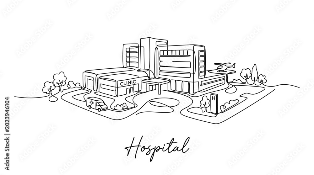 Naklejka premium Minimalistic Line Drawing of a Modern Hospital Complex Featuring Clinics and Parking Areas