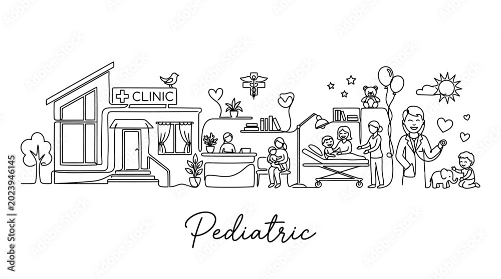 Obraz premium Charming Pediatric Clinic Illustration Showcasing Care and Happiness for Children and Families
